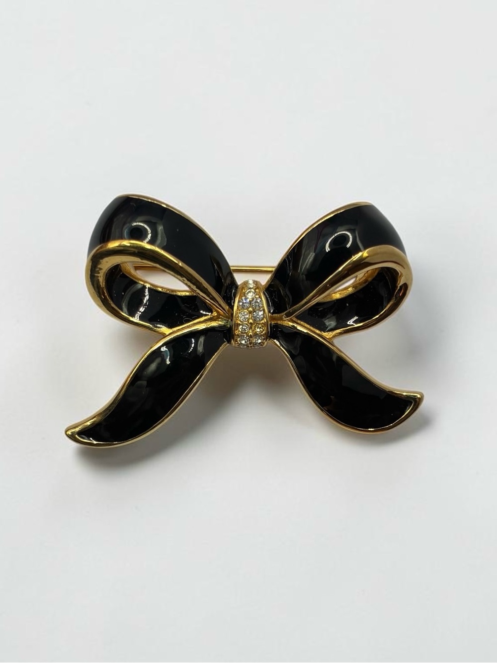 Swarovski Signed S.A.L. Black Enamel & Gold-Tone Ribbon Bow Brooch Pin